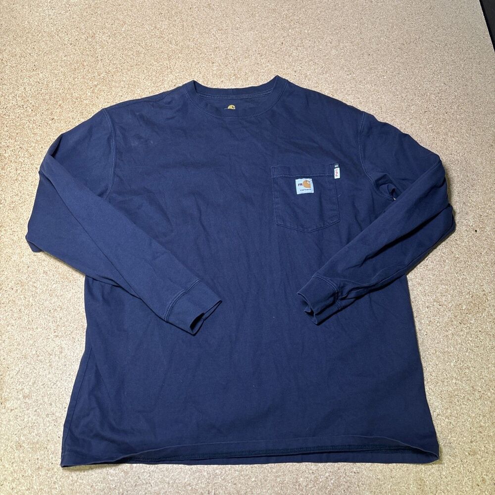 Carhartt FR Mens L Long Sleeve Pocket Shirt Navy CAT2 Flame Resistant Cotton D2